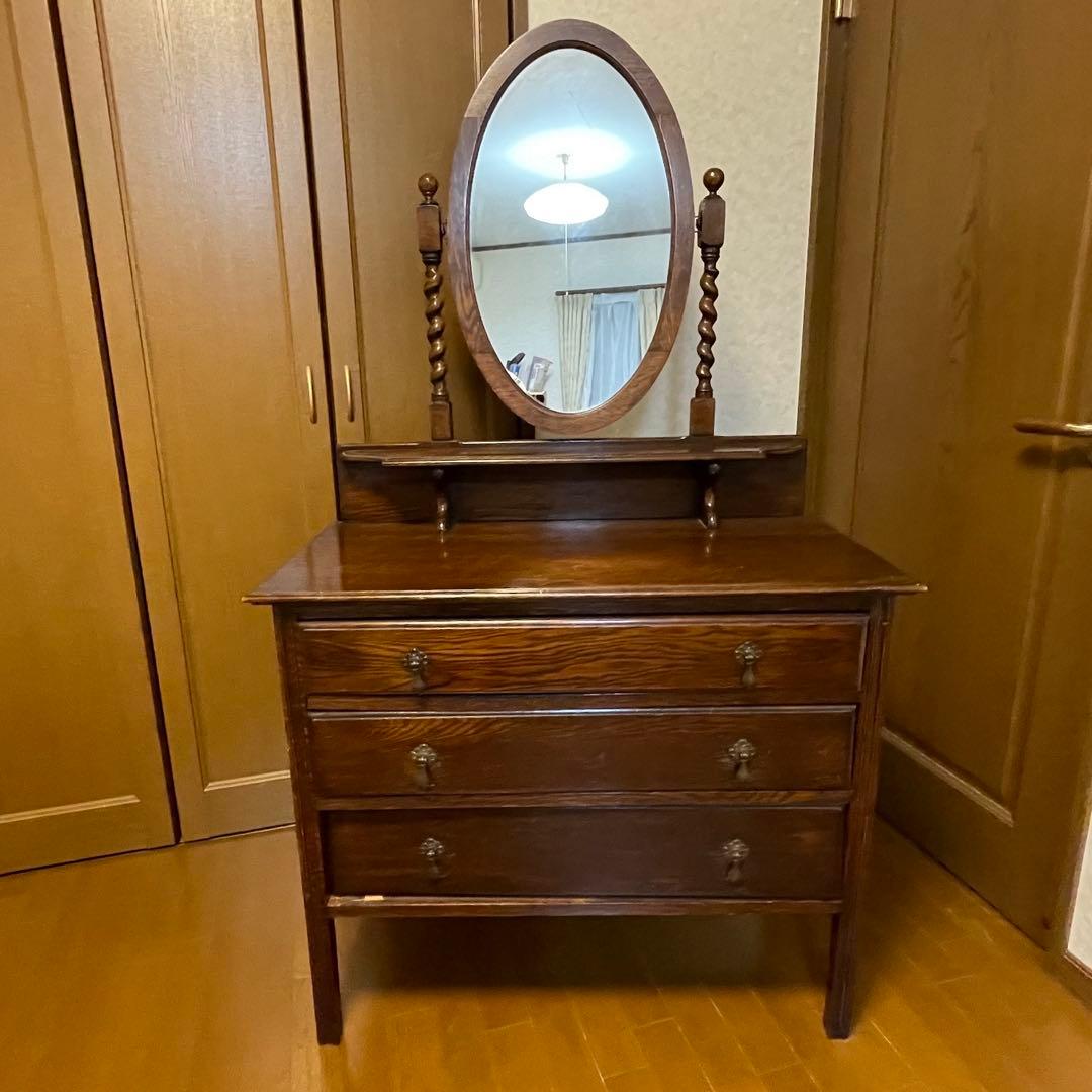 イギリスアンティーク　ミラー付きチェスト　オーク　柱ツイスト　3段引き出し