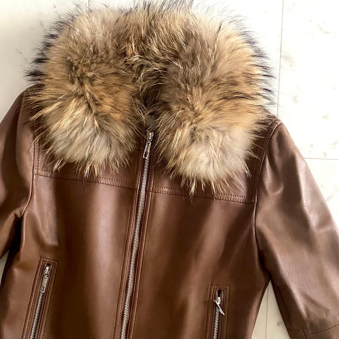 美品 モラビト 2wayラクーンファー襟 ラムレザージャケット ノーカラー 38