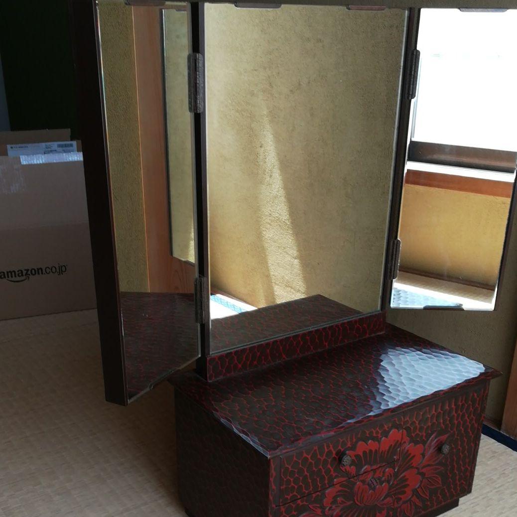 アンティーク ミニ三面鏡 高さ70cm 鎌倉彫