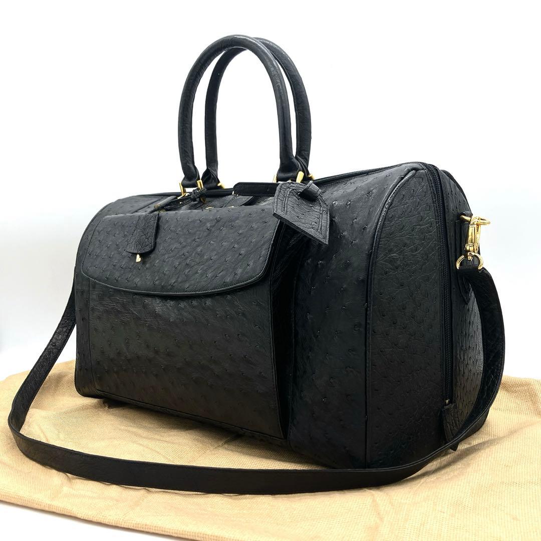 極美品　大型【オーストリッチ本革】ボストンバッグ　ゴールド金具　ブラック