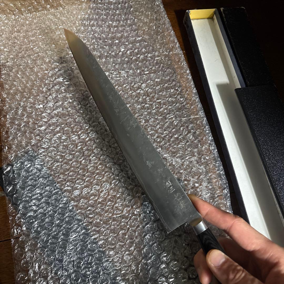 なう様用　銀三鋼 梨地模様 筋引刃渡　約270mm 黒ハンドル