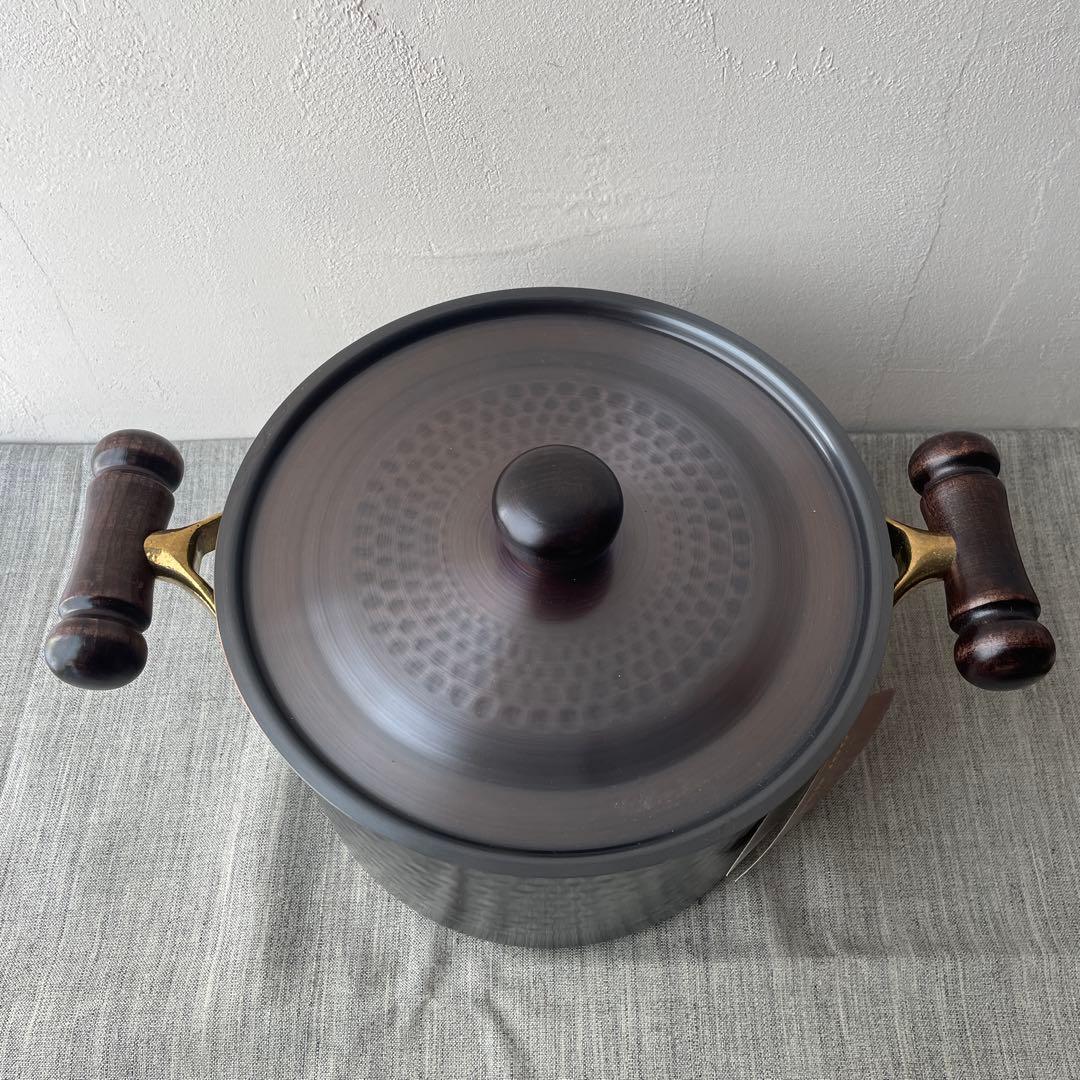 新光金属　COPPER100 銅製 両手鍋 木製ハンドル 槌目　ダークブラウン