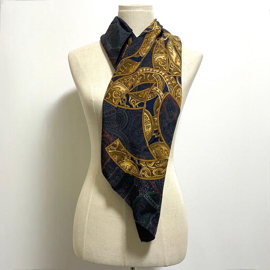 CHANEL シャネル ココマーク ペイズリー チェーン 総柄 シルクスカーフ