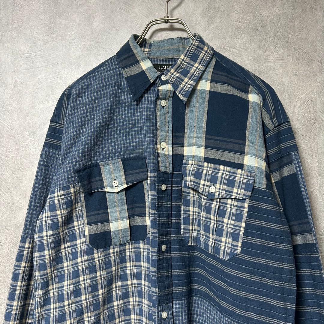新品 ローレンラルフローレン 綿 麻 チェック柄 長袖 シャツ パッチワーク S