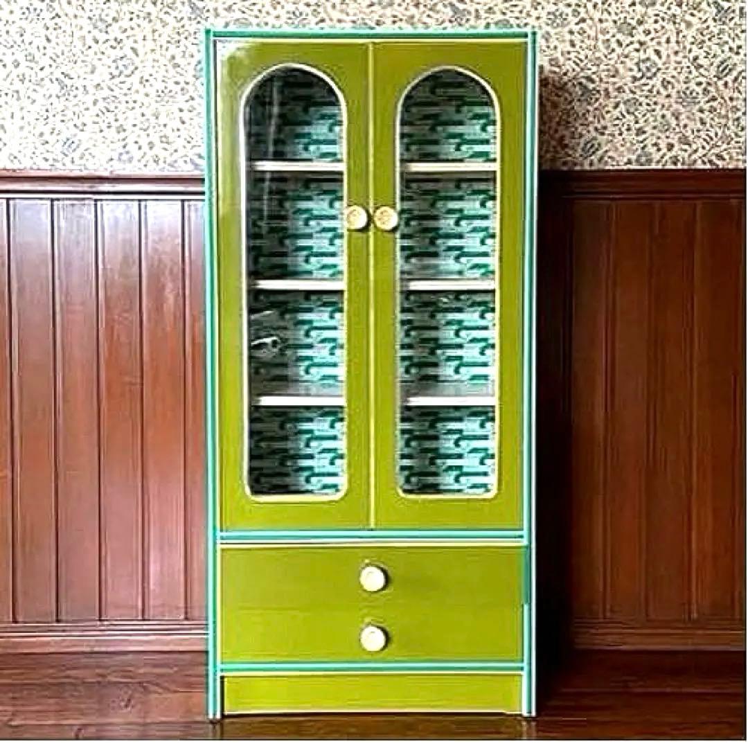 昭和レトロポップ　食器棚　飾り棚　本棚　アーチ窓　アンティーク　グリーン　緑