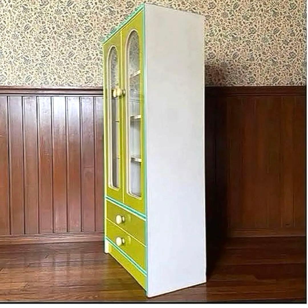 昭和レトロポップ　食器棚　飾り棚　本棚　アーチ窓　アンティーク　グリーン　緑