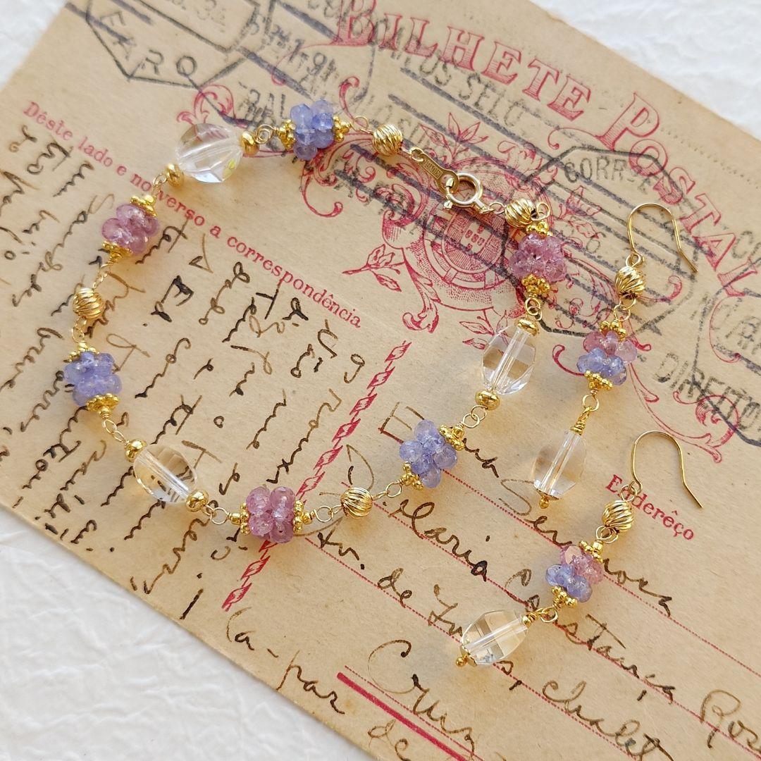 K10YG ピンクサファイア × タンザナイト のピアス＆ブレスレットセット