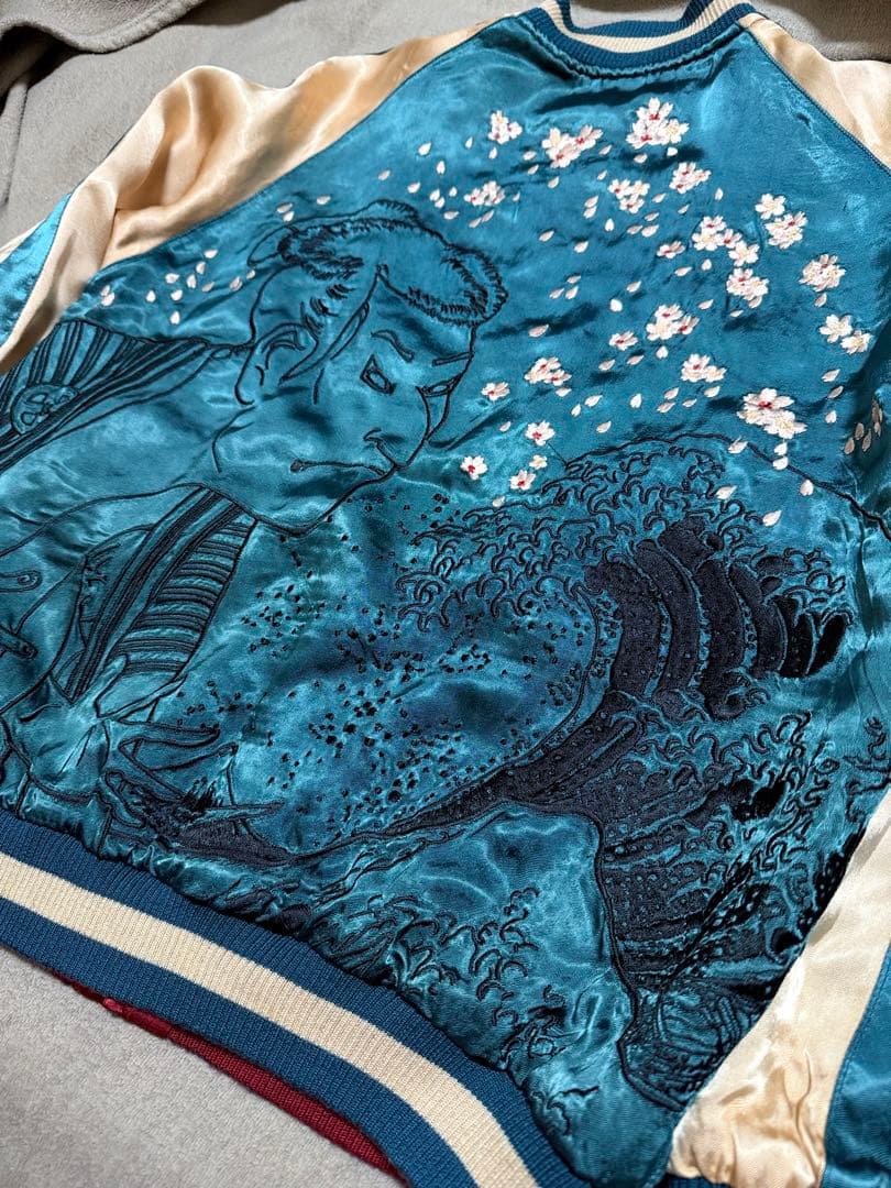 美品 ２面用 Japan 百花繚乱 風神 ワシ 桜 日本 スカジャン レーヨン