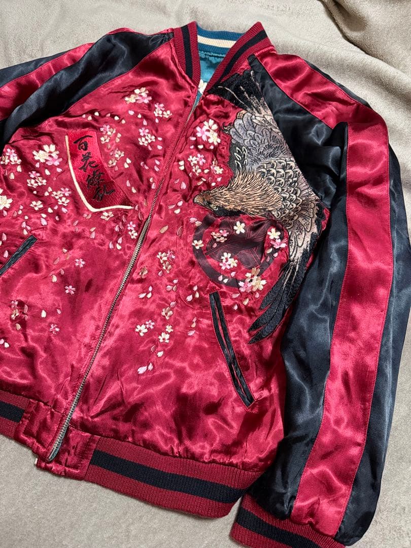 美品 ２面用 Japan 百花繚乱 風神 ワシ 桜 日本 スカジャン レーヨン