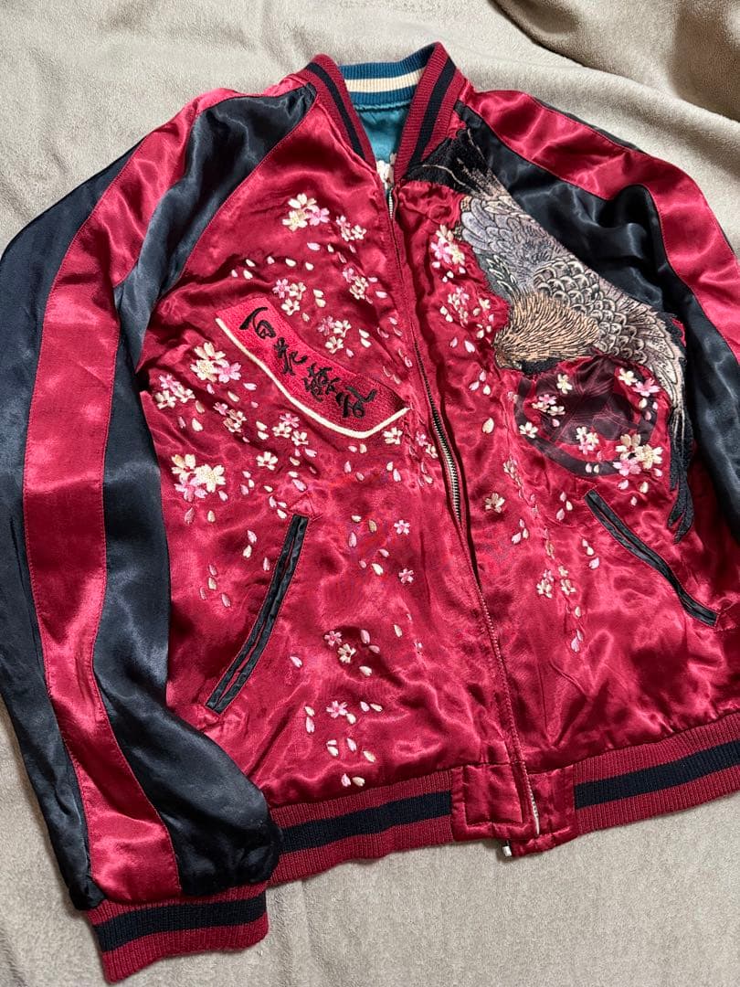 美品 ２面用 Japan 百花繚乱 風神 ワシ 桜 日本 スカジャン レーヨン