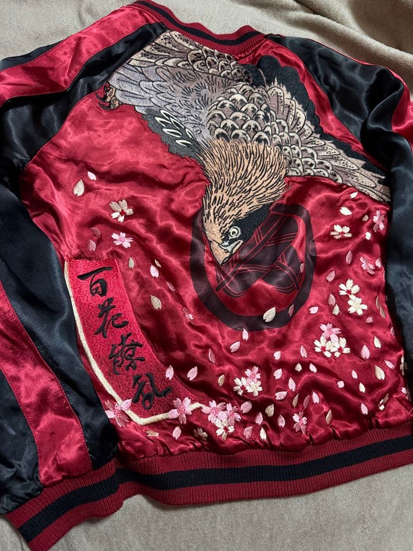 美品 ２面用 Japan 百花繚乱 風神 ワシ 桜 日本 スカジャン レーヨン