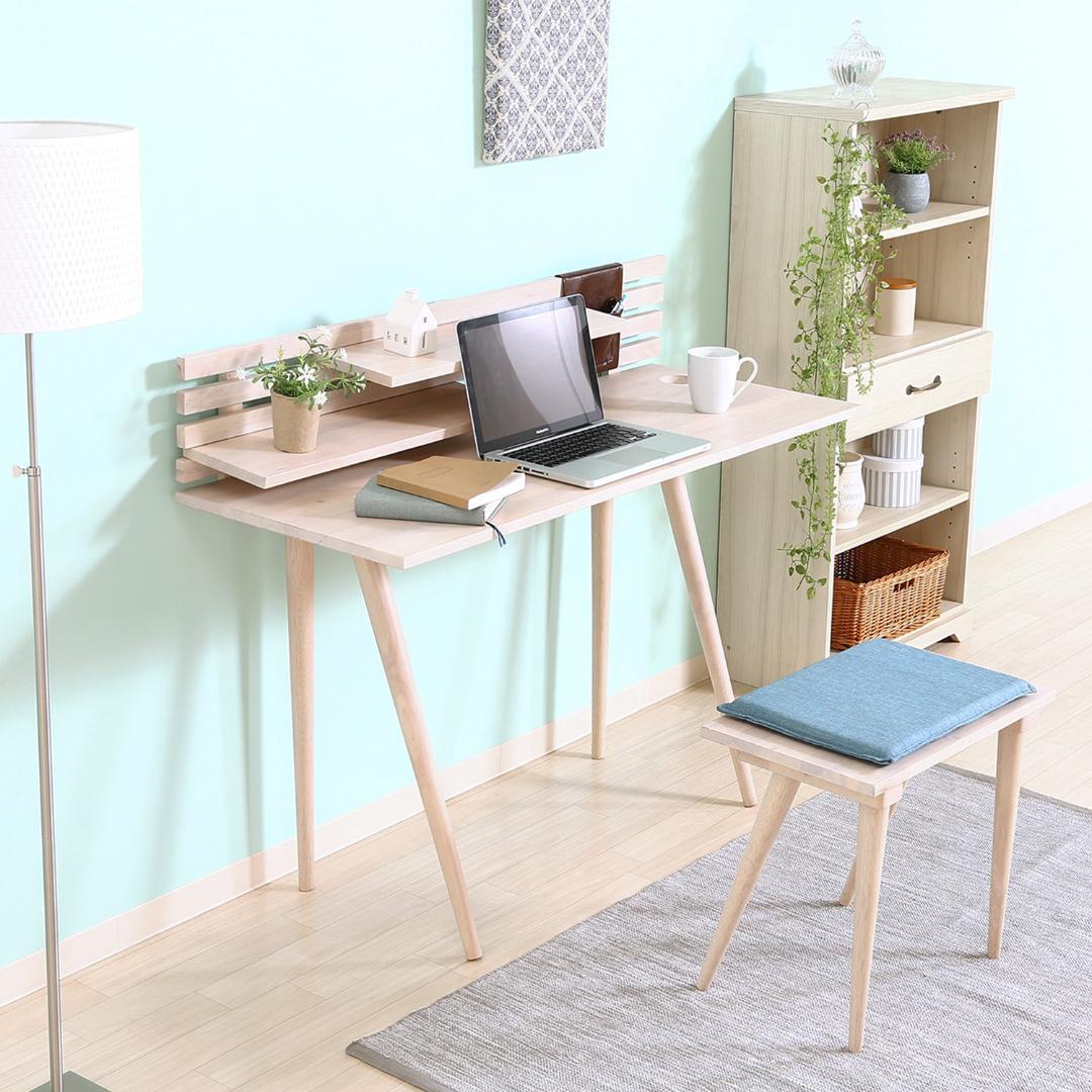 天然木デスクチェアセット クッション付き 幅120cm ホワイトウォッシュ