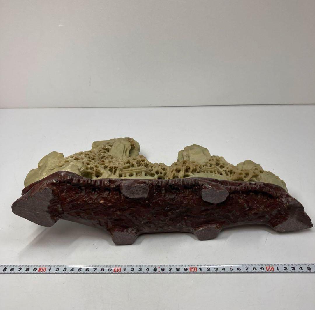 清代 青田石 石製　楼閣山水大サイズ置物　6.4㌔/横幅約40㎝