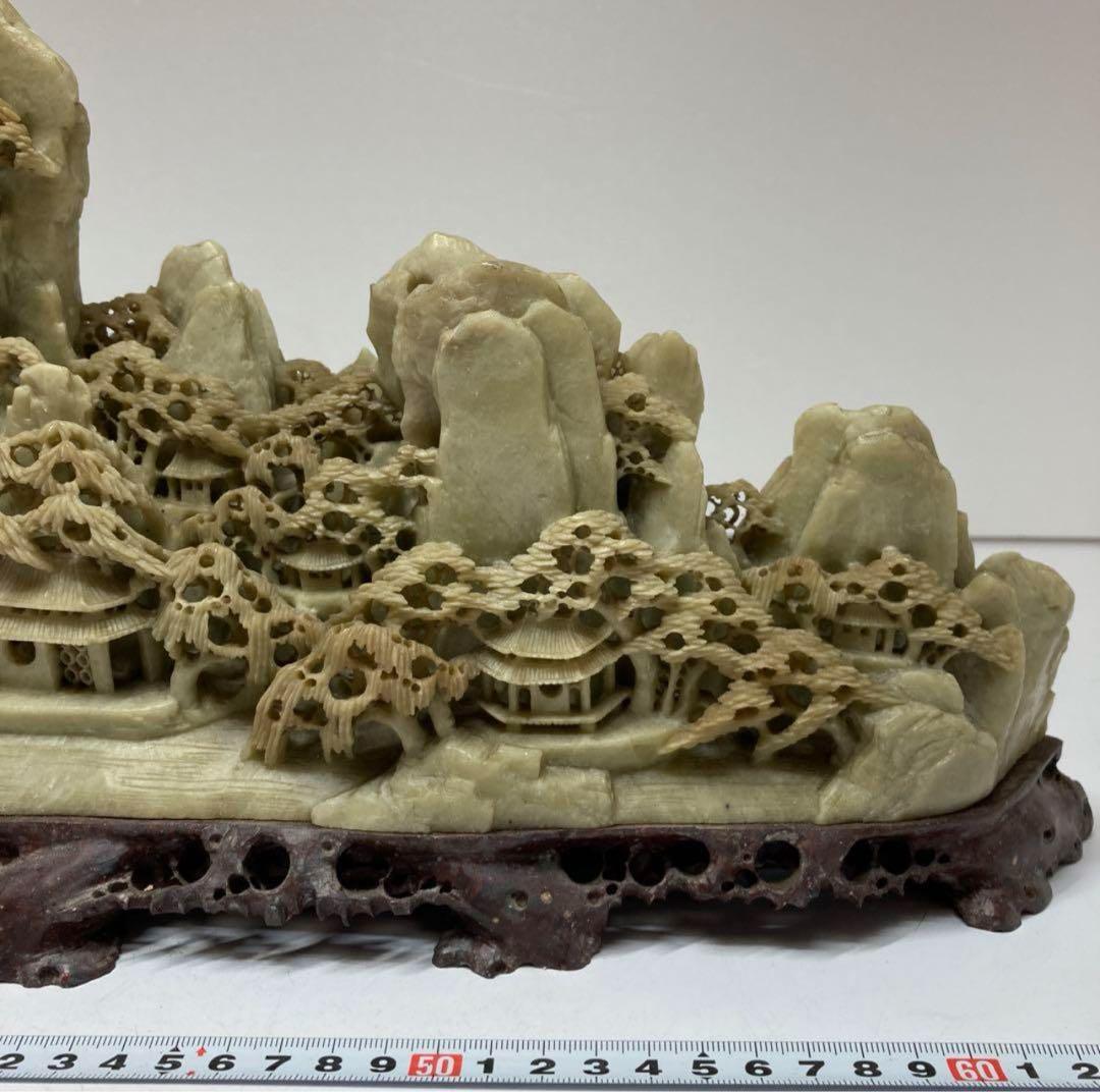 清代 青田石 石製　楼閣山水大サイズ置物　6.4㌔/横幅約40㎝