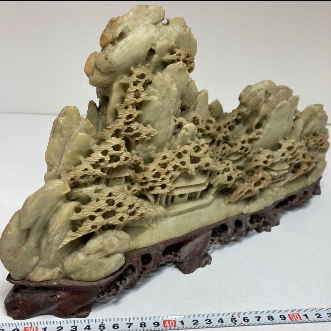 清代 青田石 石製　楼閣山水大サイズ置物　6.4㌔/横幅約40㎝