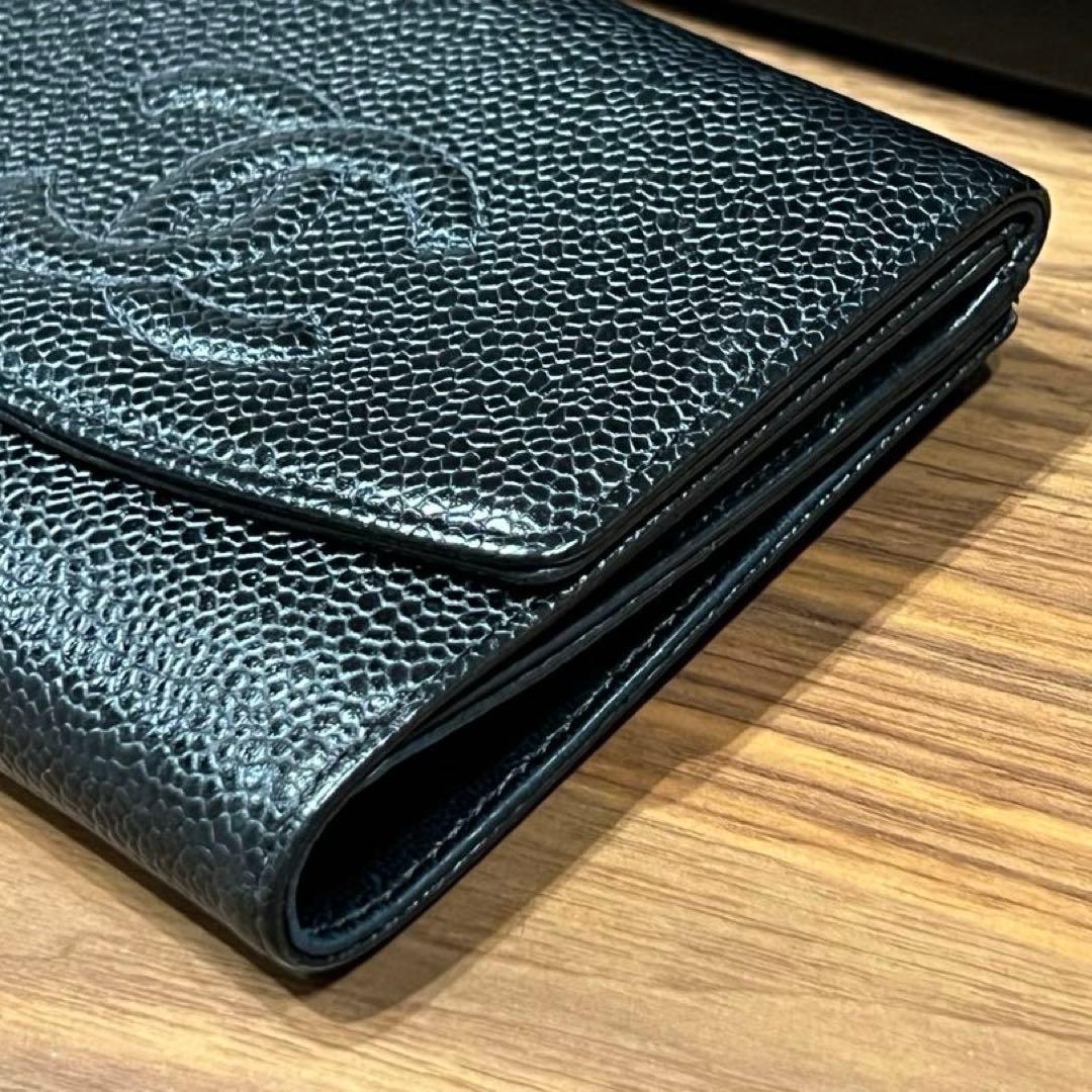 CHANEL-シャネル-キャビアスキン 折り財布 ココマーク ブラック