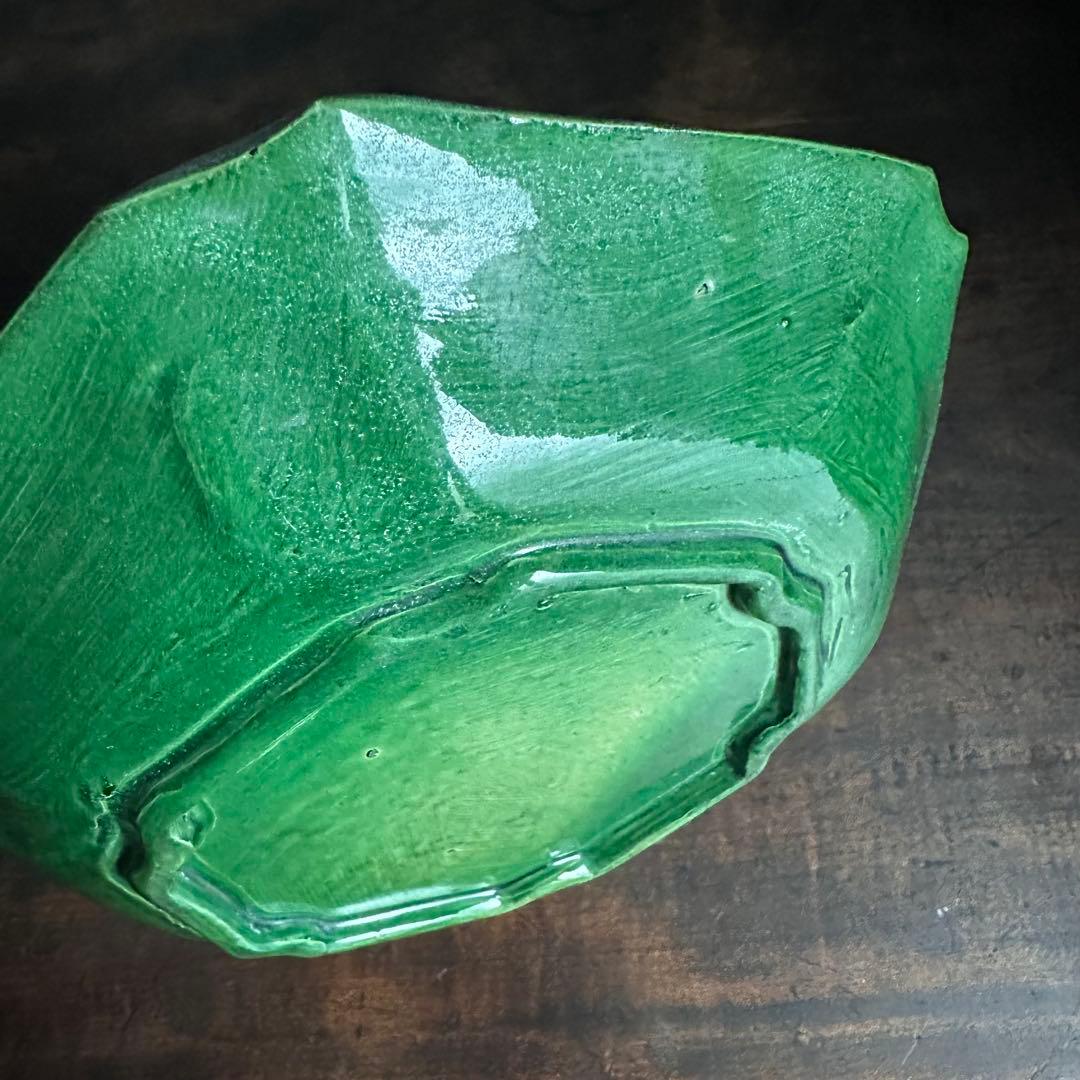 【希少美品】清緑釉　六角陰刻龍図皿　飾り皿　清時代　中国美術　珉平焼