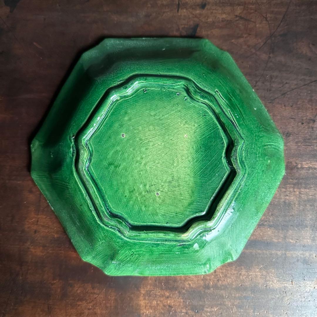 【希少美品】清緑釉　六角陰刻龍図皿　飾り皿　清時代　中国美術　珉平焼