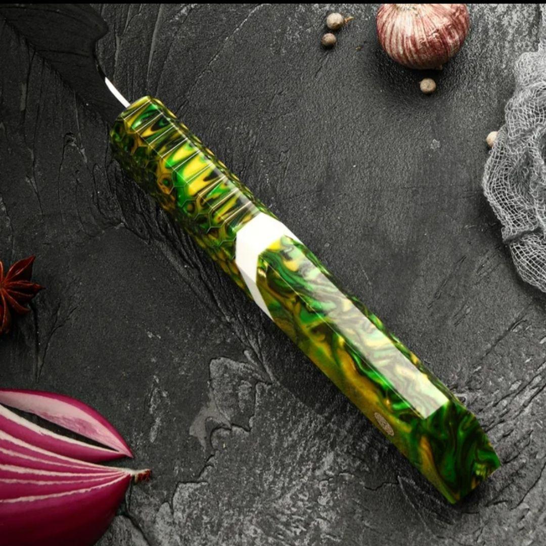 《新作》　V金10号　ダマスカス包丁　ハニカム模様　黄緑柄　剣型　牛刀