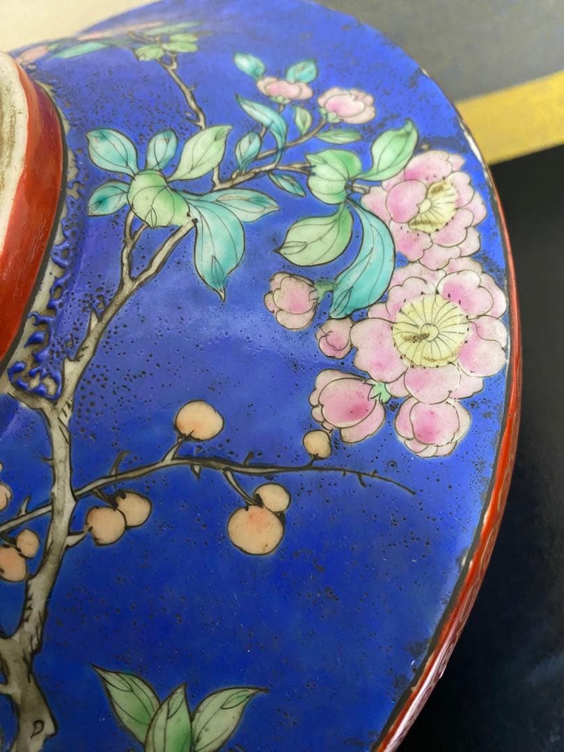 清朝　中国美術 色絵花鳥図蓋物 骨董品保証