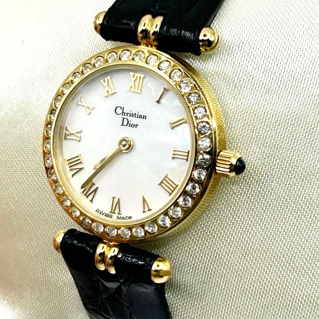 美品✨Dior 白蝶貝シェル×ビジュー ゴールド クォーツ腕時計 電池交換済箱付