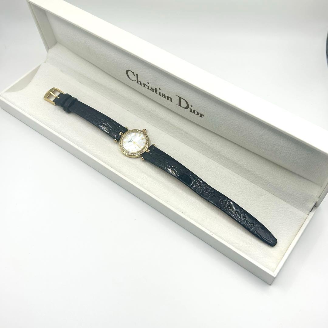 美品✨Dior 白蝶貝シェル×ビジュー ゴールド クォーツ腕時計 電池交換済箱付