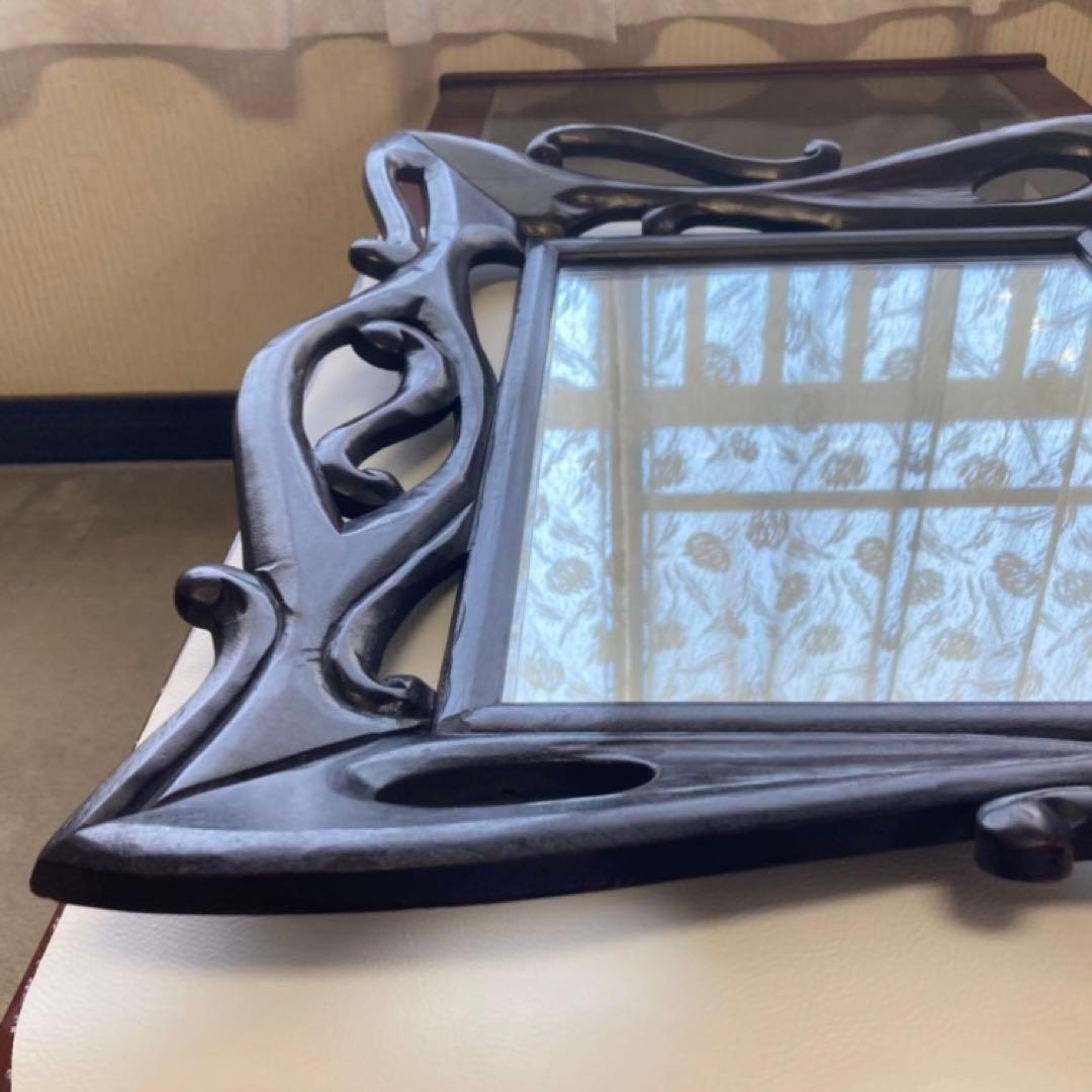 ウォールミラー 鏡 壁掛け 木製 木彫り 彫刻 ブラウン レトロ アンティーク