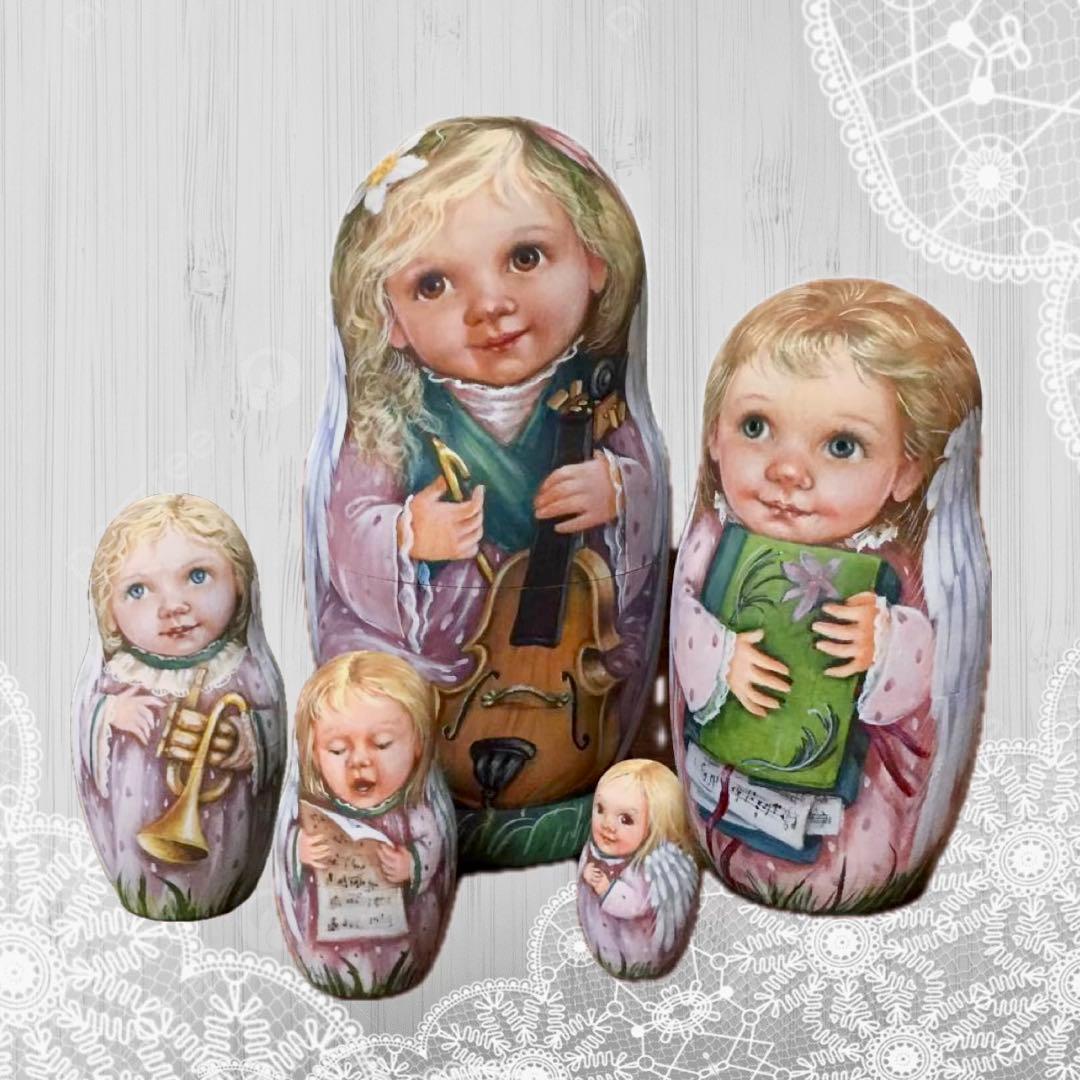 ロシア雑貨☆天使マトリョーシカ チェロ&楽譜付きフォルダー(5P)H10.5cm