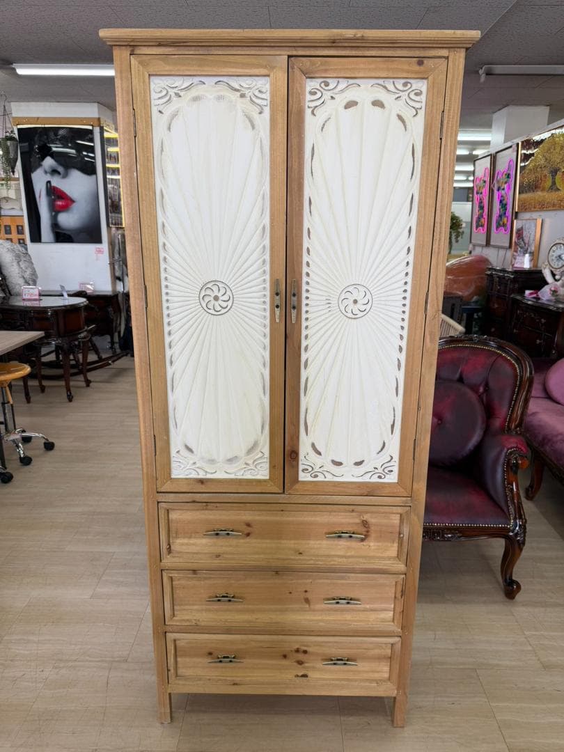 カントリー　キャビネット　食器棚　本棚　扉付　収納　レトロ　棚　ホワイト　引出