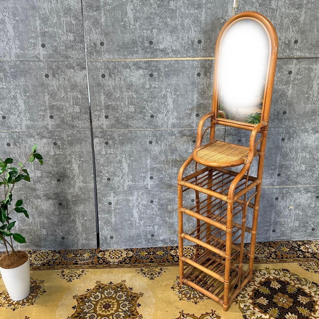 ꧁籐家具꧂ミラー付ラタンスリッパラック シューズ 靴 鏡 玄関収納 昭和レトロ