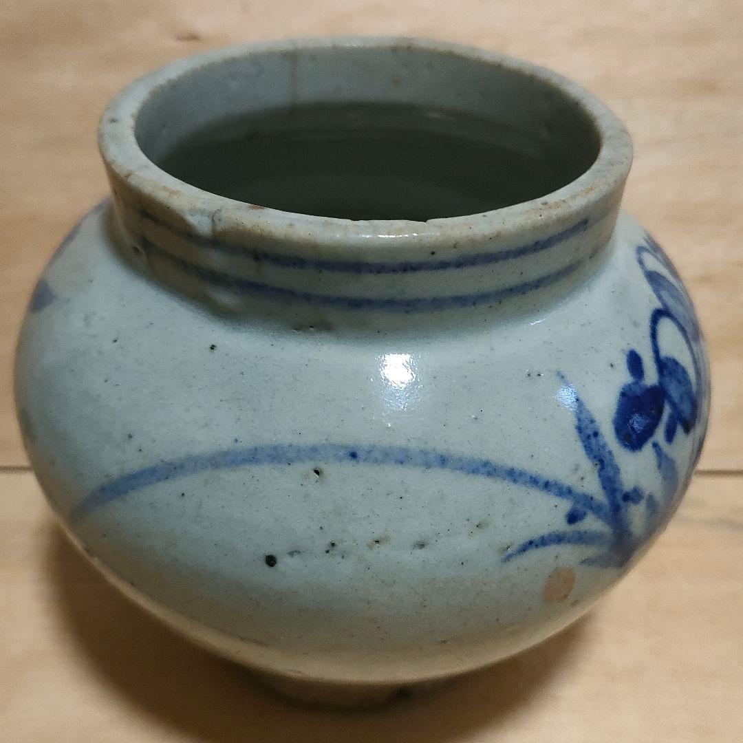 李朝染付壺　草花文　提灯壺　時代物　骨董No.162