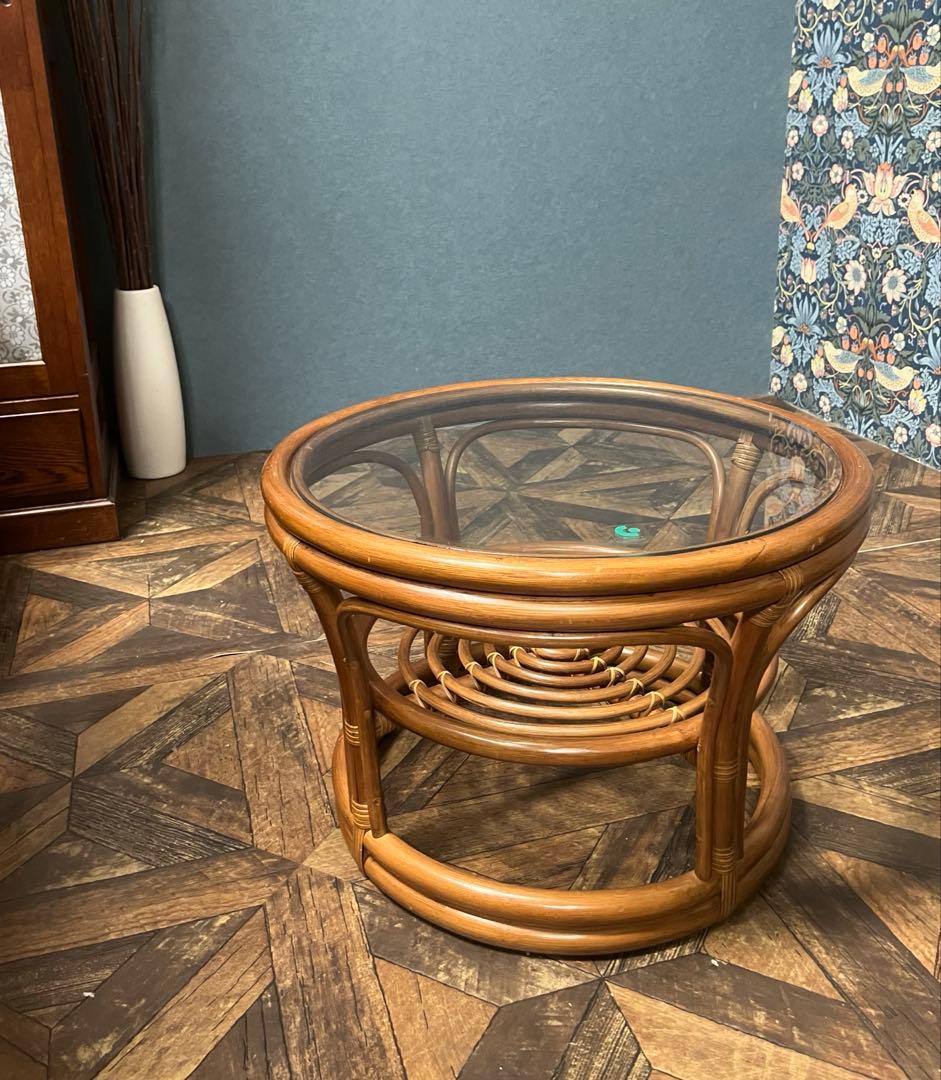 ラタン ガラステーブル 昭和レトロ インテリア 当時物 籐 アンティーク 丸