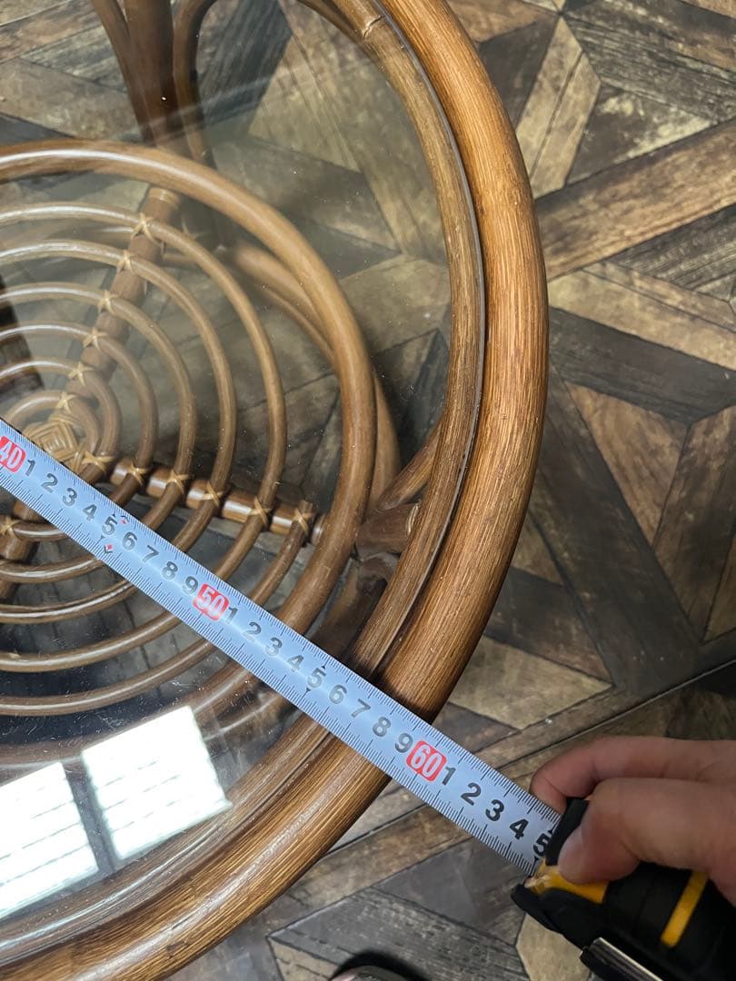 ラタン ガラステーブル 昭和レトロ インテリア 当時物 籐 アンティーク 丸