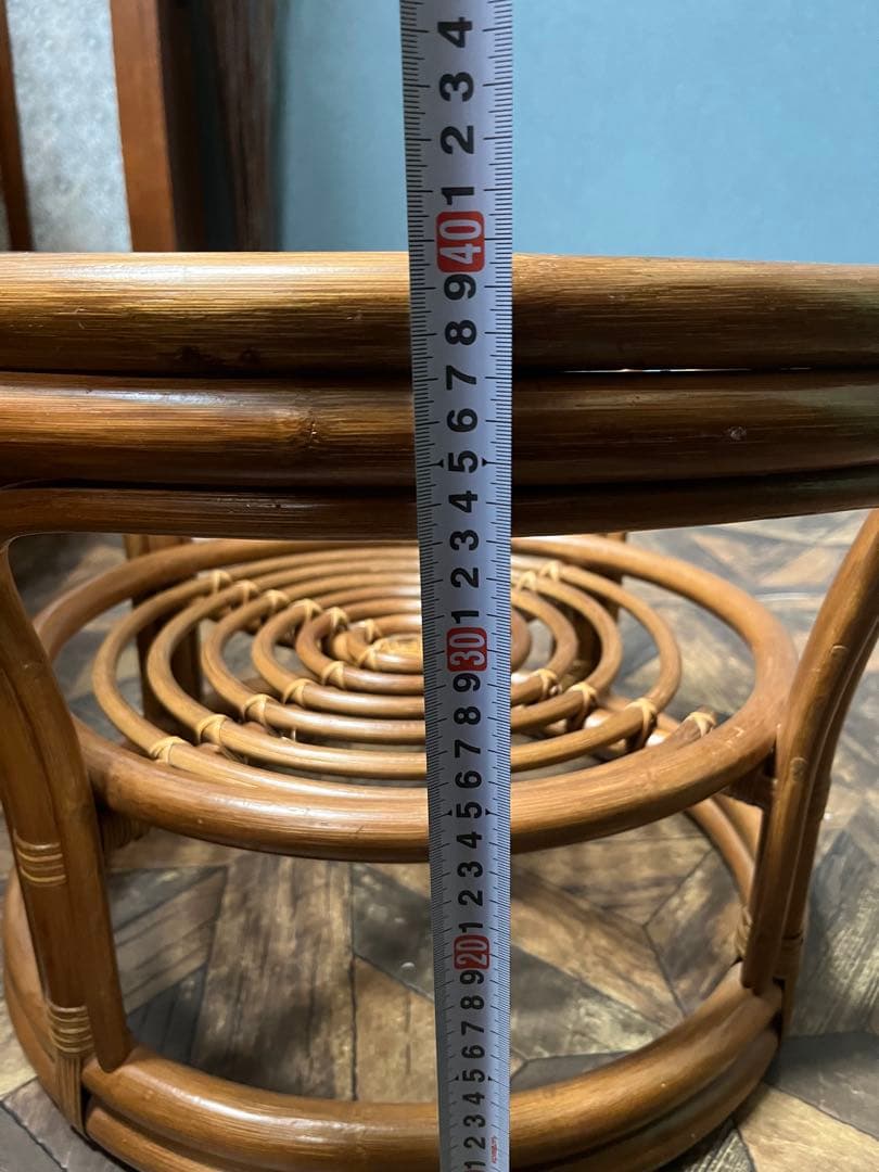 ラタン ガラステーブル 昭和レトロ インテリア 当時物 籐 アンティーク 丸