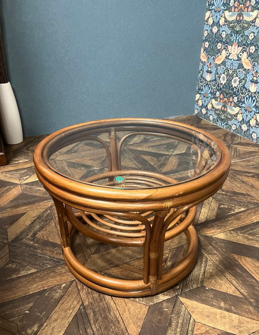 ラタン ガラステーブル 昭和レトロ インテリア 当時物 籐 アンティーク 丸