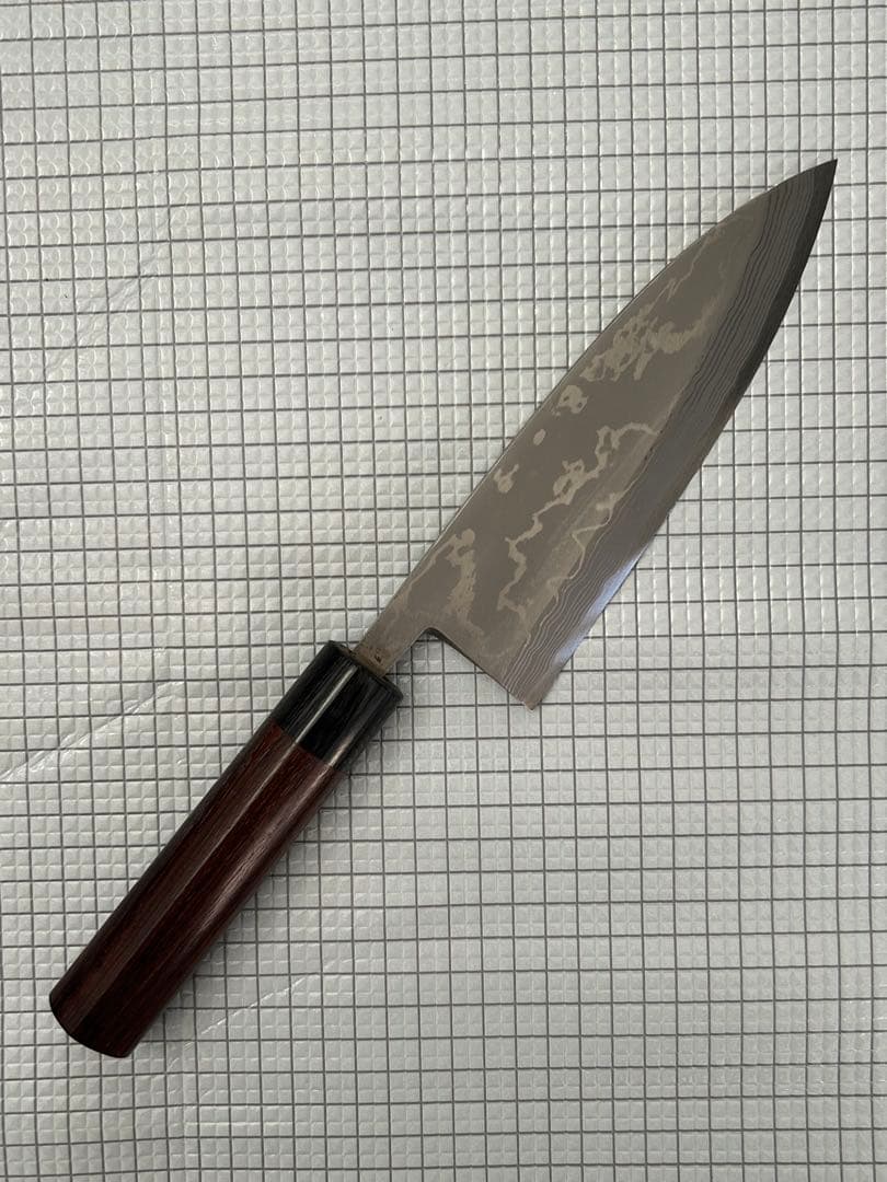 包丁 出刃 ダマスカス 安来鋼青紙２号 180mm 紫檀シノギ柄 ④