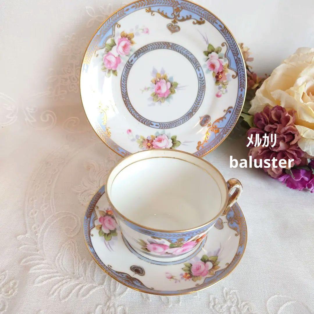 オールドノリタケ　藤色薔薇絵図　カップ＆ソーサー　ケーキ皿　トリオ