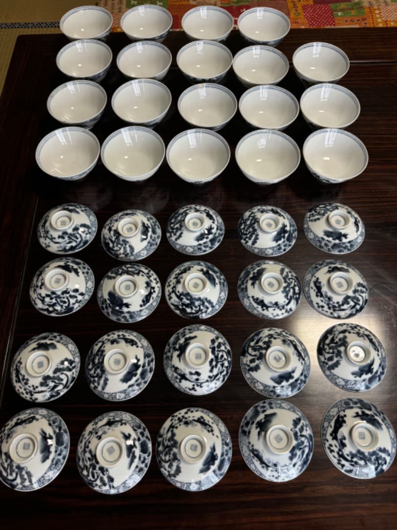 古伊万里 伊万里焼　染付総模様蓋付碗　19客　　江戸後期