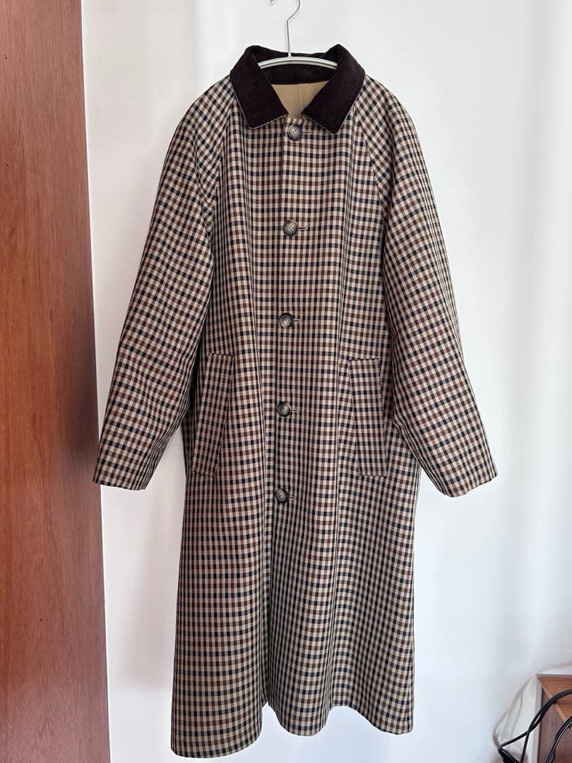 コットンシャンブレー×毛ブレンドチェック リバーシブル ステンカラーコート