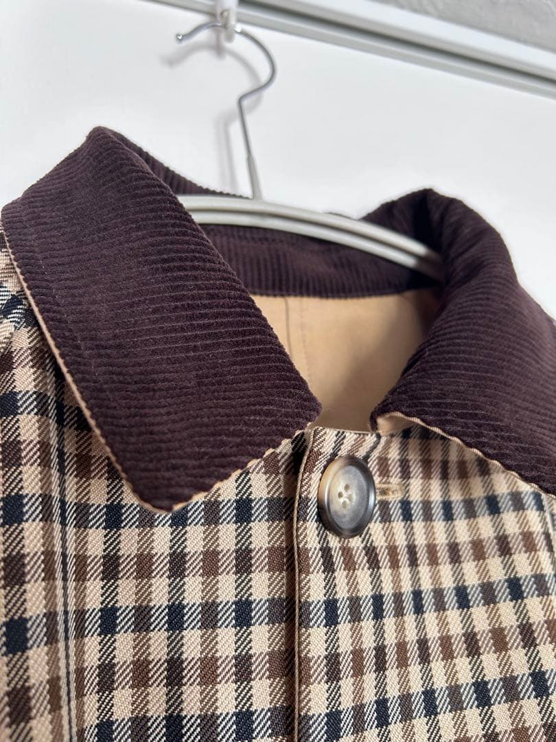 コットンシャンブレー×毛ブレンドチェック リバーシブル ステンカラーコート