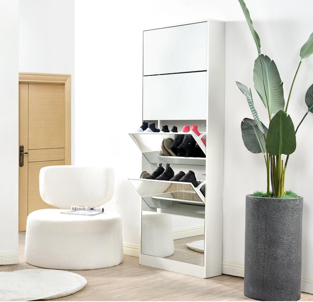 【新品】鏡付き5段シューズラック スリム 玄関収納 倒れ防止 一人用