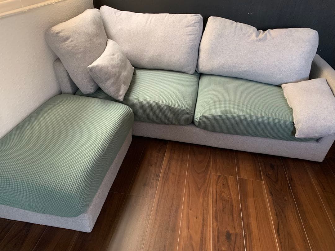 三原市内の引き取りまたは配達のみ モダンL字型ソファ グレーとグリーン