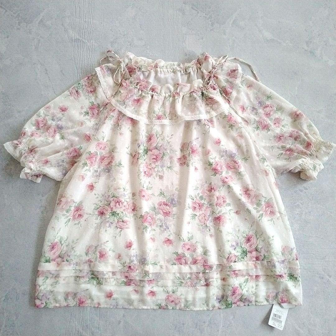 【ローズティアラ】未使用 46 洗える ローズプリント フリルカラー ブラウス