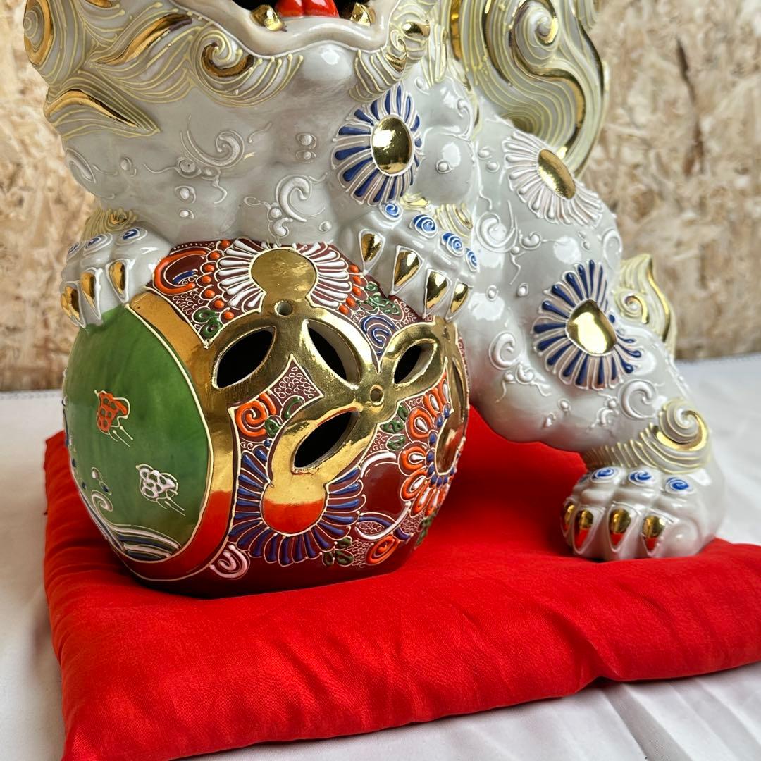 レア品 美品 九谷焼 玉乗り 狛犬 獅子 シーサー 白 縁起物 置物 陶器