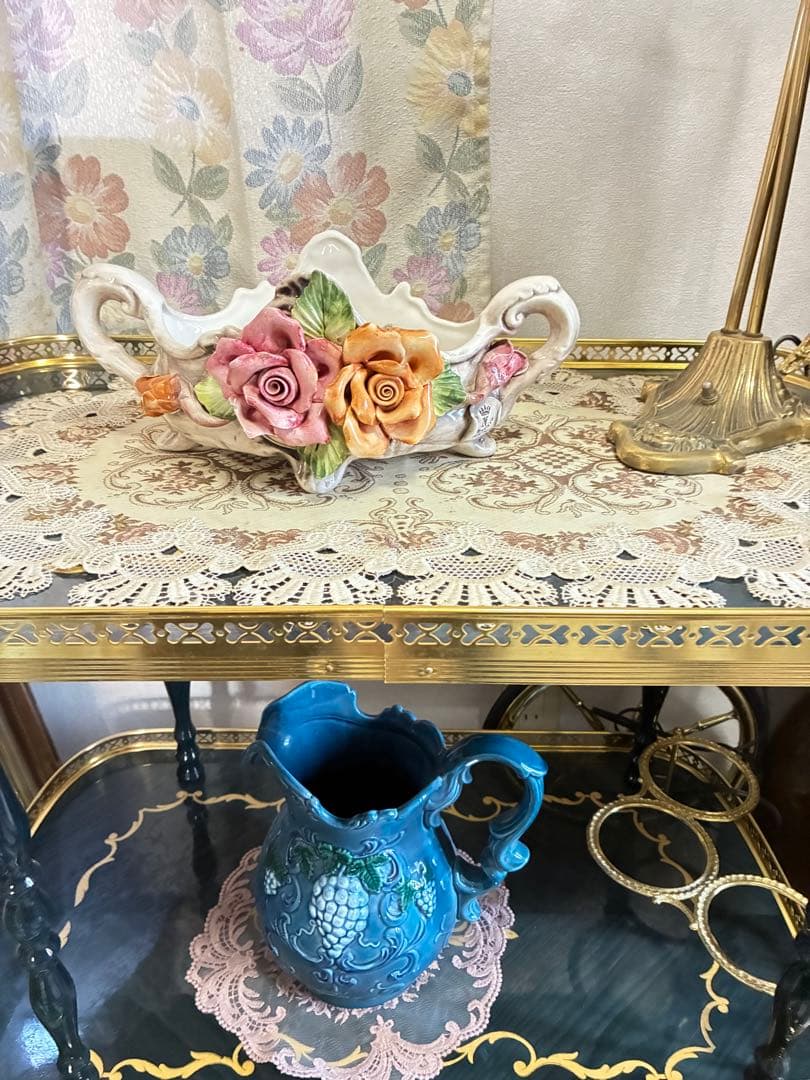 イタリア　象嵌 アンティーク風 サービングカート 黒金