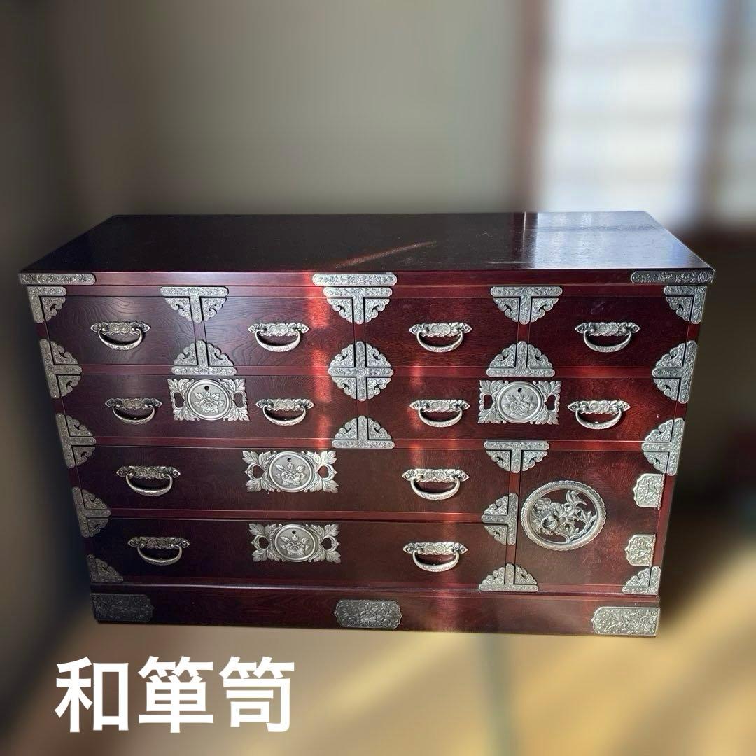 和風赤茶色木製箪笥　鍵付
