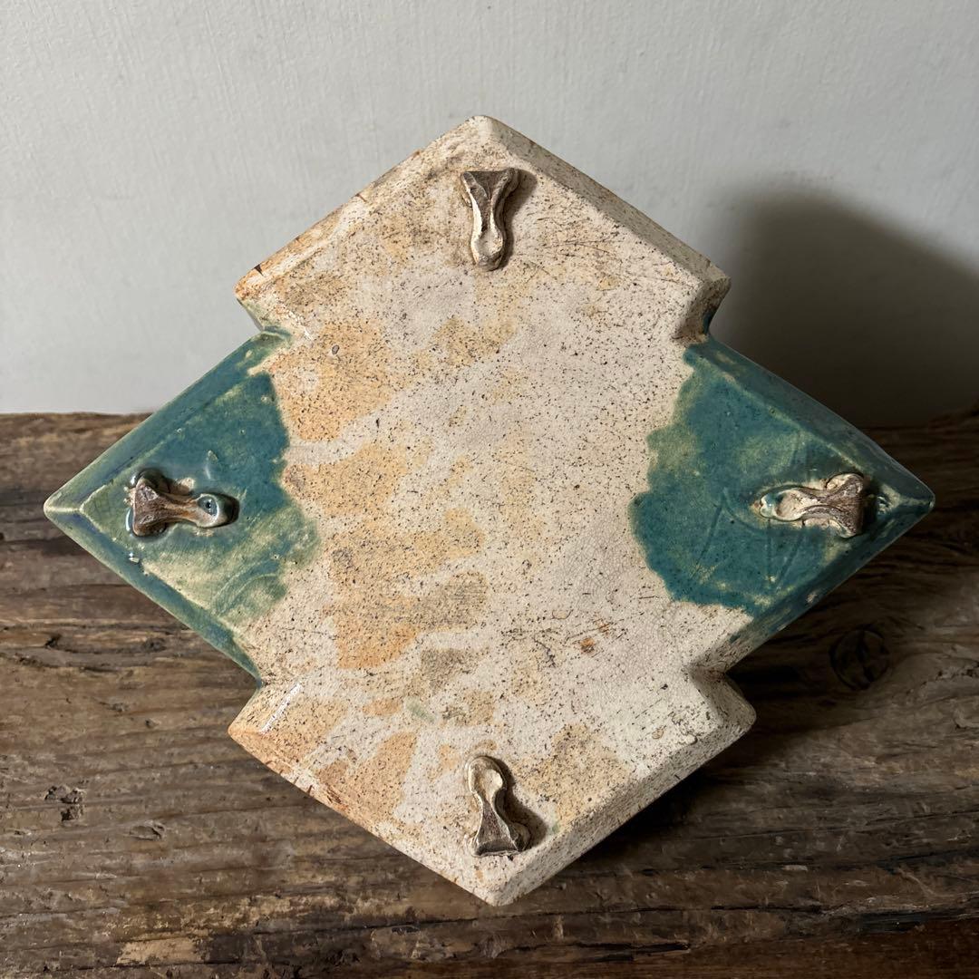 時代　織部松皮菱形手鉢　手付菓子鉢　懐石　瀬戸　志野　古美術　茶道具　検:李朝