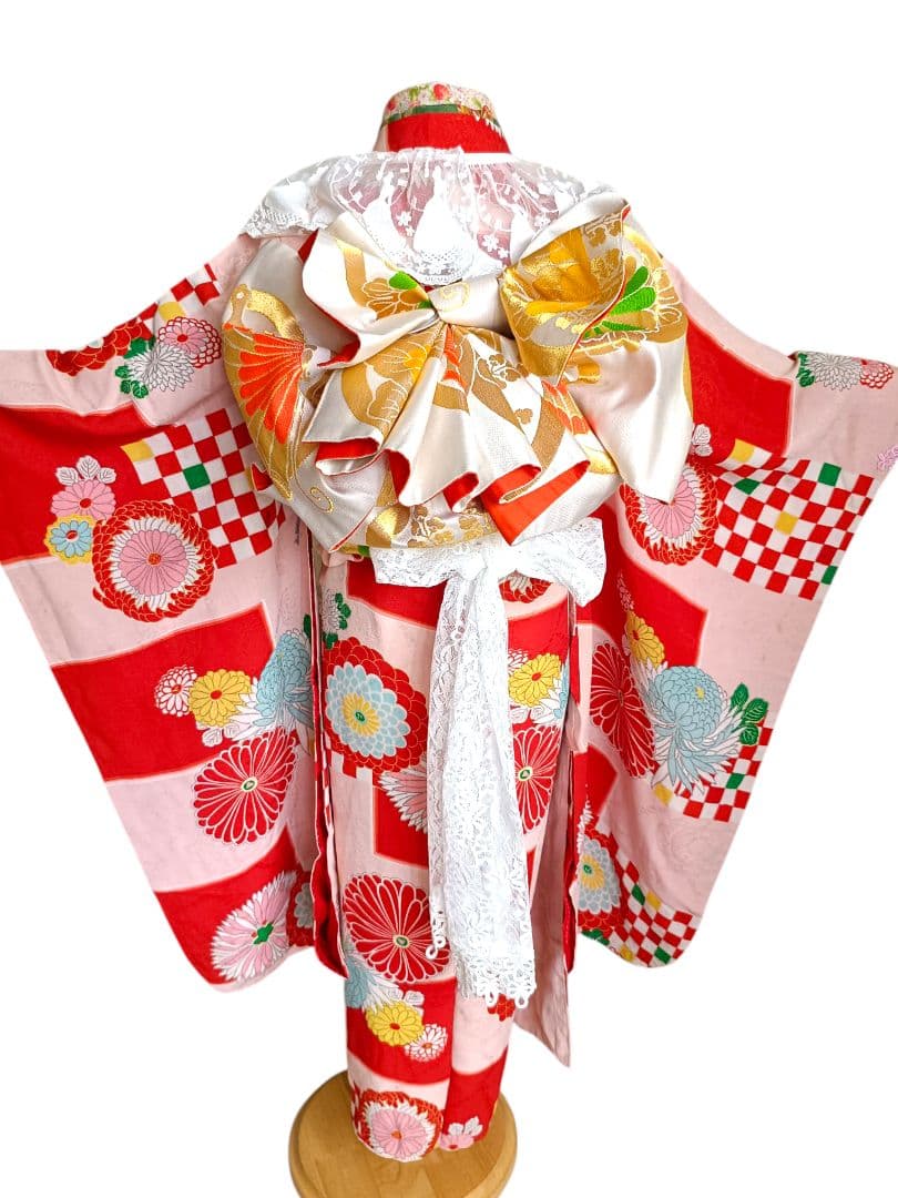アンティーク格子模様の着物と白の作り帯☆七五三７歳セット