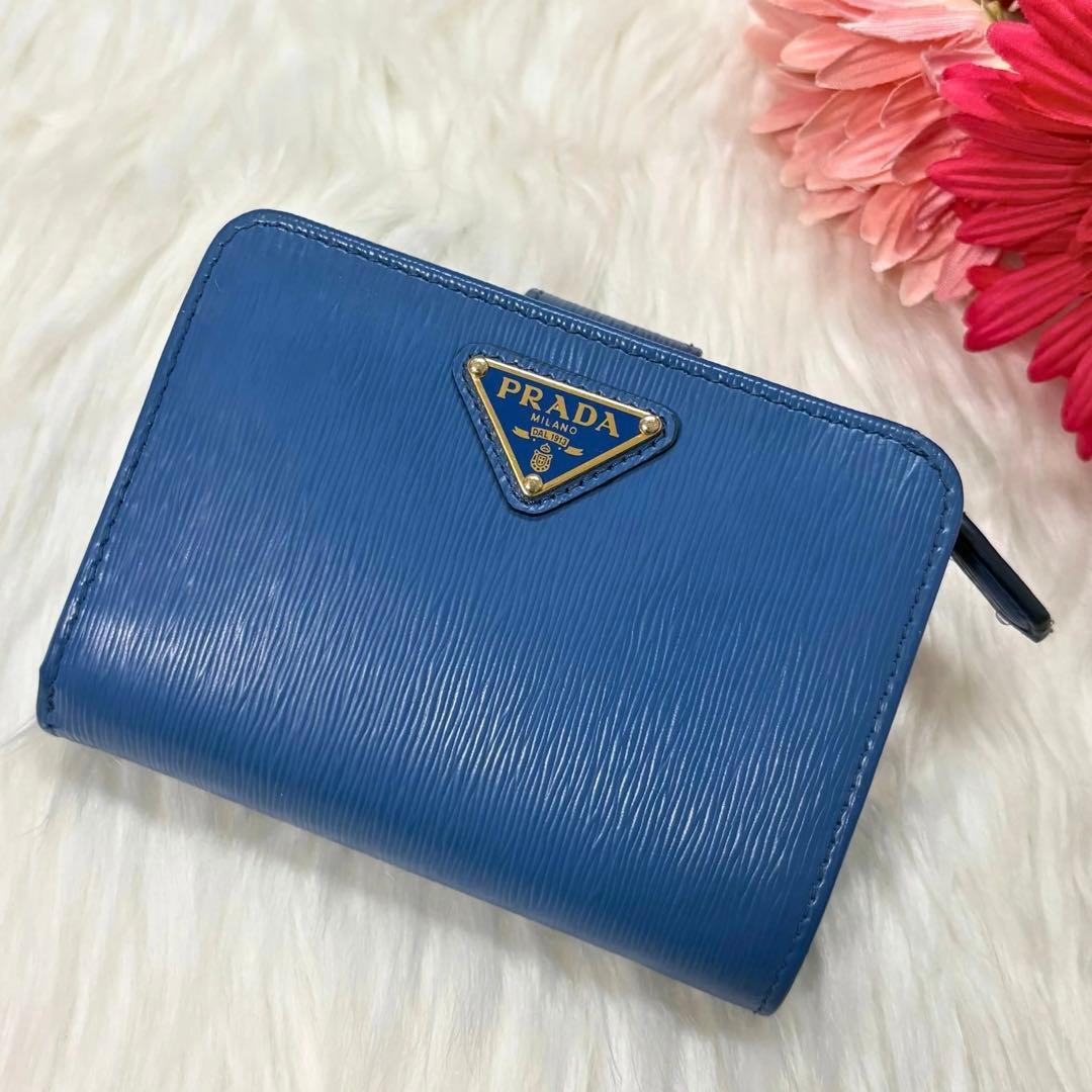 極美品/RFID プラダ 折り財布 ヴィッテロムーブ レザー 三角ロゴ ブルー