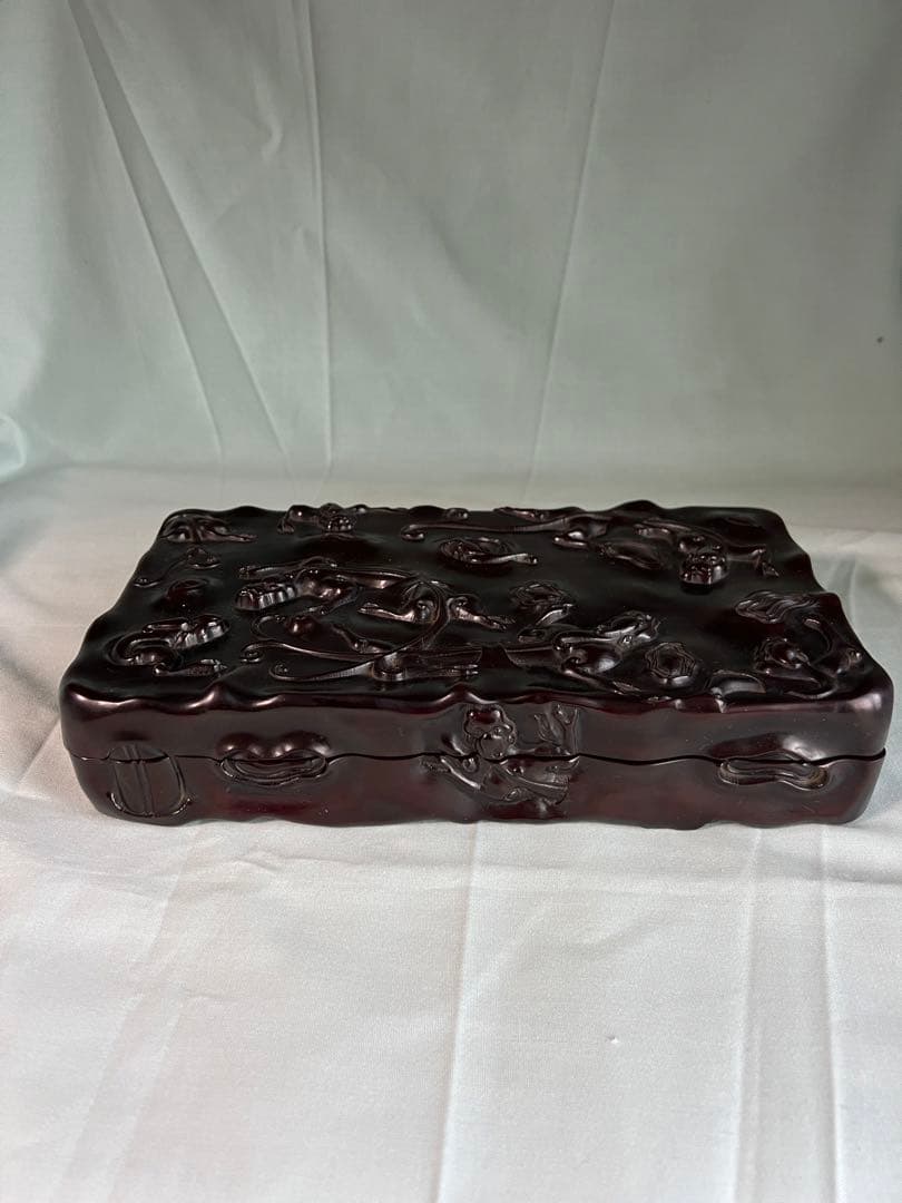 中国美術 ハイレリーフ 細密彫刻 紫檀 唐木 箱 香盒 文房品